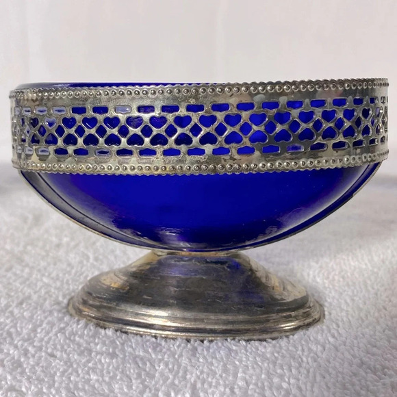 Vintage Silver Tone Pedestal Cobalt  Blue Glass Royal Sapphire Cream & Sugar Set - Picture 14 of 16